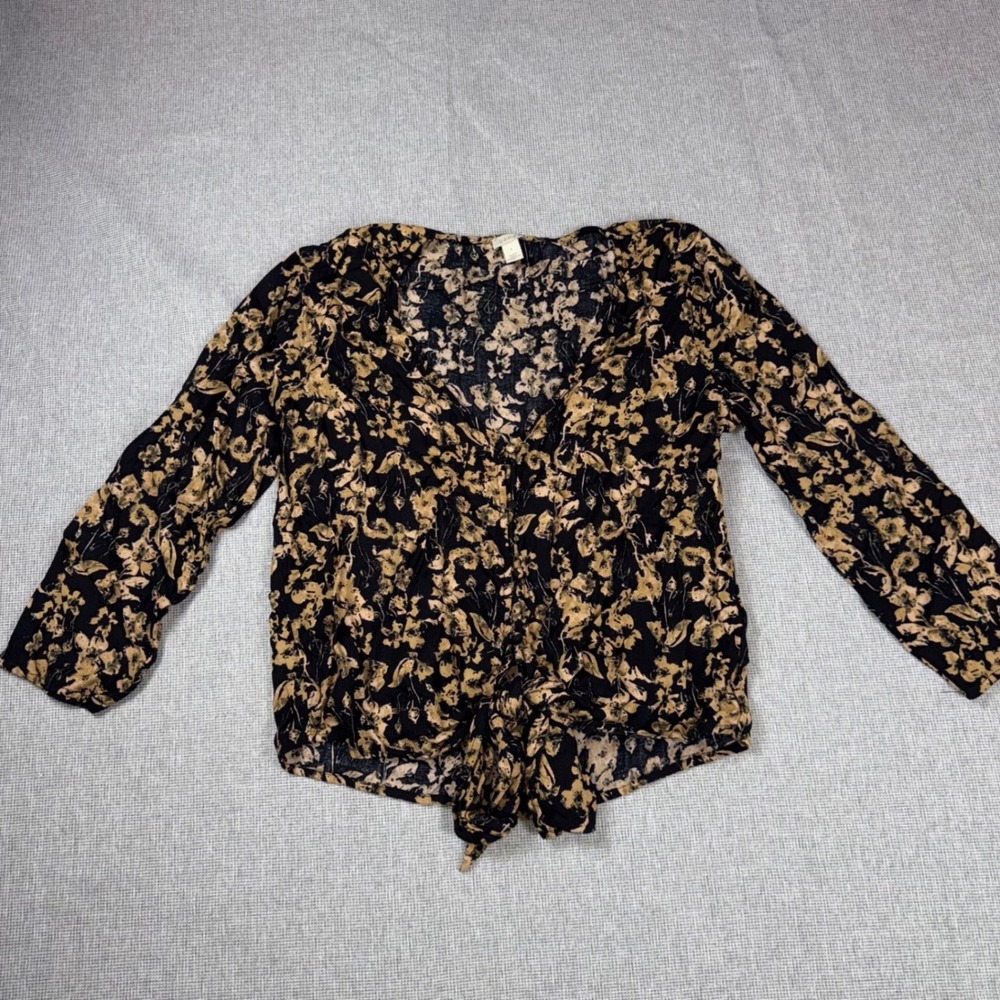 Hinge Black Tan Floral Tie Front Button Down V-Neck Blouse Small Boho